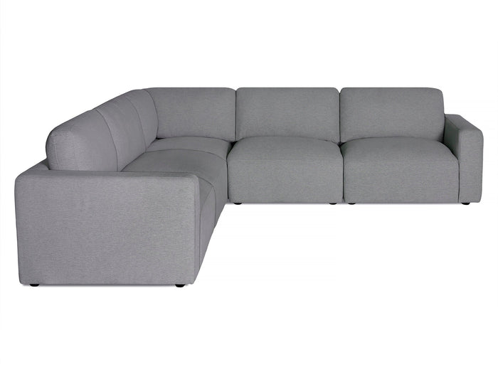 A modern gray L-shaped sectional sofa with thick, cushioned seats and backrests, displayed against a plain white background. The design is minimalist with clean lines and no visible legs.
