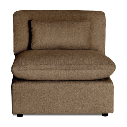 The My Cloud Armless chair, featuring a brown upholstered design with a matching rectangular cushion, delivers plush comfort. Its thick padded seat and backrest offer coziness, and the woven fabric texture adds elegance to any living space.