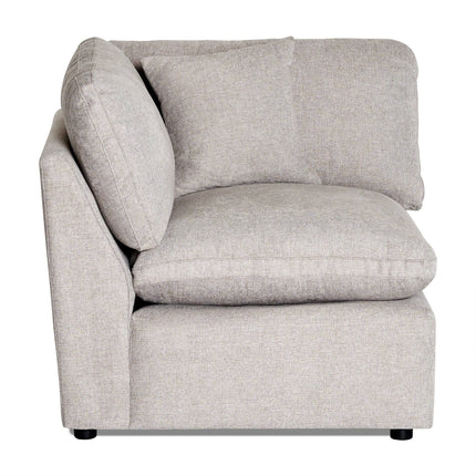 The My Cloud Slope Corner is a light gray sectional with a minimalist design, plush upholstery, straight lines, and square seating. It includes two cushions and suits modern interiors perfectly. Positioned against a white background, its versatility shines through.