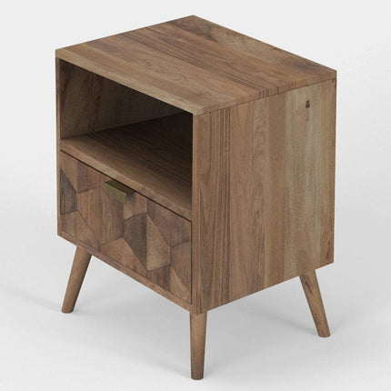 The Mango Geometric Nightstand is handcrafted from mango wood with slanted legs and a natural finish. It features a geometric-patterned front drawer with a metal handle and an open shelf, adding bohemian flair to any room.
