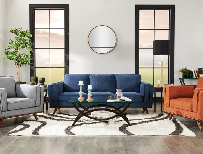 A blue, mid-century modern sofa with three cushions and a wooden base and angled legs, viewed from the front.