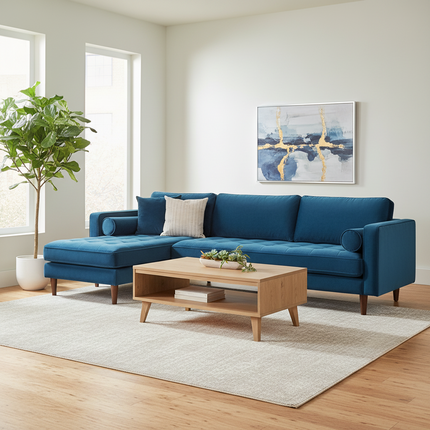 Madison sectional in Blue velvet staged in a bright modern living room with tall windows, wood coffee table and plants
