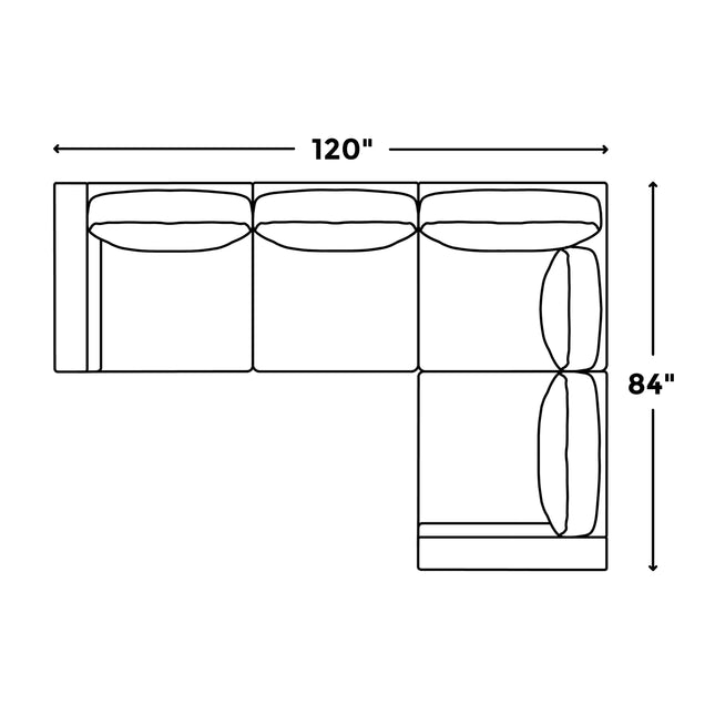 Top view diagram of the Lugano sectional, an Italian luxury L-shaped sofa, measuring 120 inches by 84 inches. The longer horizontal section has three seats and features plush cushions for ultimate comfort.