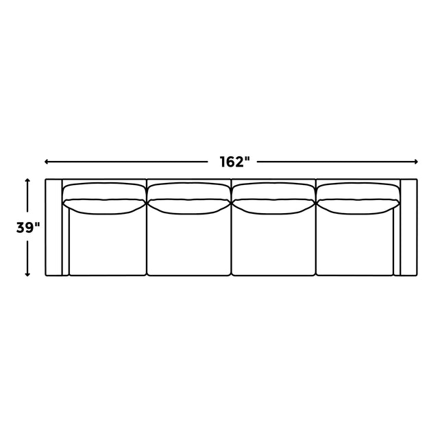 A front-line drawing of the Lugano Italian luxury four-seater sectional sofa showcases its elegant design, measuring 162 wide and 39 tall, with plush cushions and armrests on each end for a sophisticated look.