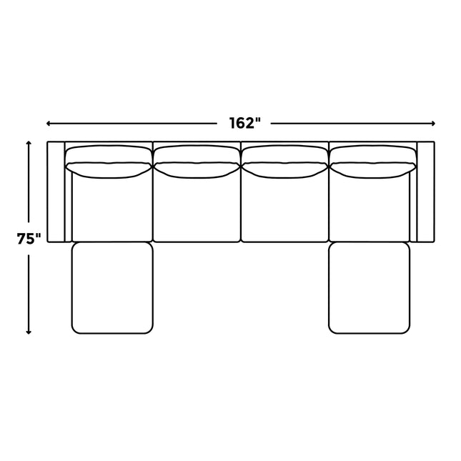 Diagram of the Lugano Sofa: a four-seater with plush cushions, three pillows, and two ottomans. Embodying Italian luxury, it measures 162 W x 75 H.