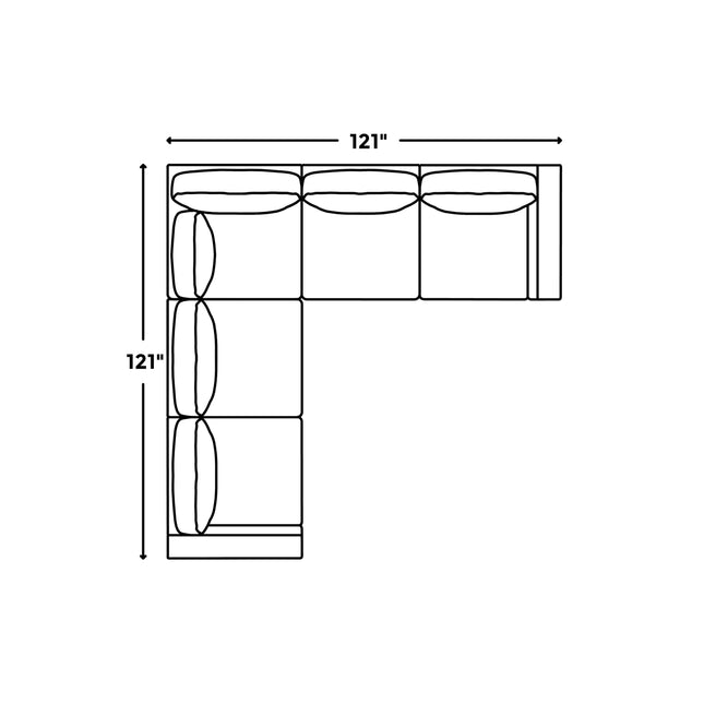 Diagram of the Lugano Sectional, a luxury Italian L-shaped sofa with plush cushions: three on the longer side and two on the shorter. It measures 121 inches in both length and width.