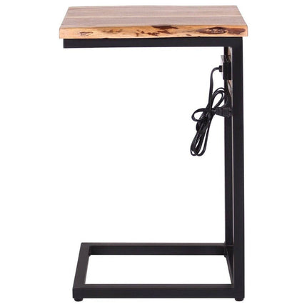 The side view shows the Live Edge USB C-Table with a C-shaped design, featuring a live-edge acacia wood top and black metal frame. It includes a power outlet and cord on one vertical bar for added charging functionality.