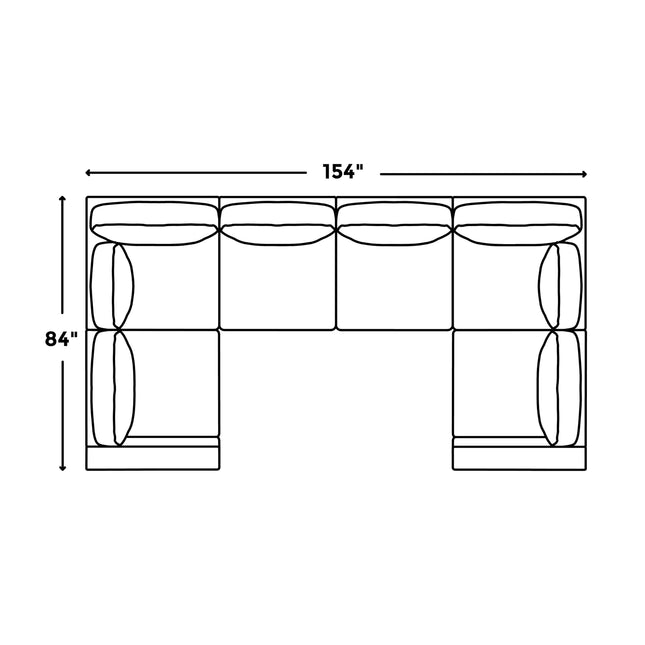 Diagram of the Lugano, a U-shaped Italian luxury sectional. Features plush cushions on four backrests and six seat sections for ultimate comfort. Dimensions labeled: 154 inches wide by 84 inches deep.