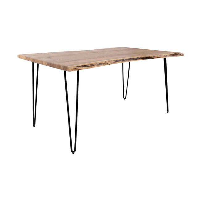 The Live Edge Hairpin Desk showcases natural wood grain with an uneven edge for rustic appeal, while sleek black metal hairpin legs add a modern touch, making it ideal for a stylish home office.