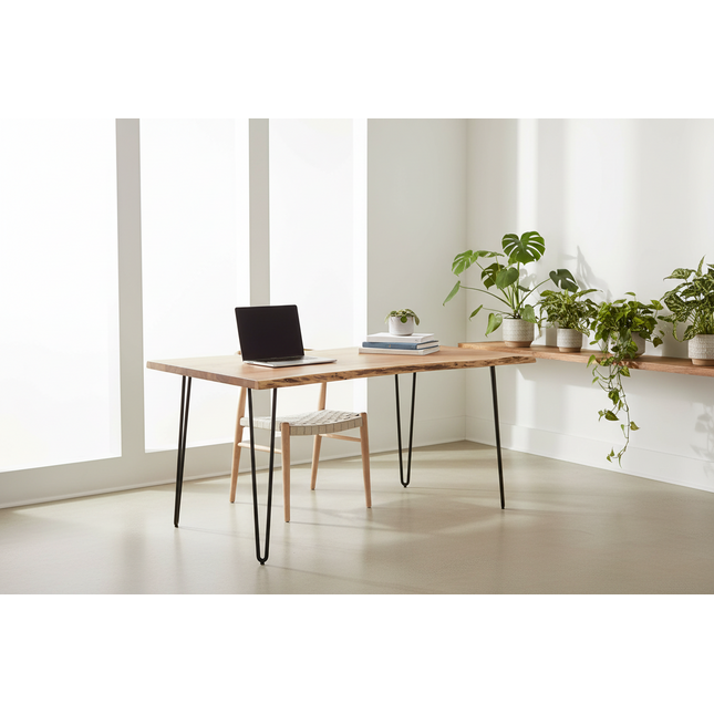 Live Edge Hairpin desk staged in a bright minimalist home office with a woven chair, laptop and trailing plants