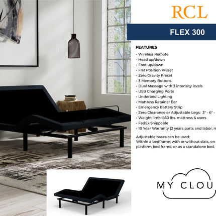 The My Cloud Adjustable Power Bed Frame is displayed in a chic room with its wireless remote. It features foot and head tilt, relaxing massage options, dual USB ports, and a strong 20-year warranty.