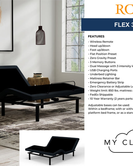 The My Cloud Adjustable Power Bed Frame is displayed in a chic room with its wireless remote. It features foot and head tilt, relaxing massage options, dual USB ports, and a strong 20-year warranty.