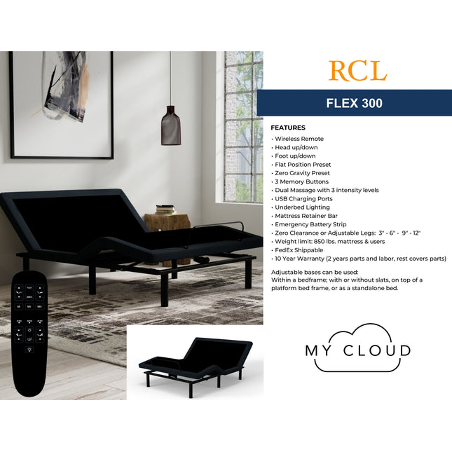The My Cloud Adjustable Power Bed Frame is displayed in a chic room with its wireless remote. It features foot and head tilt, relaxing massage options, dual USB ports, and a strong 20-year warranty.