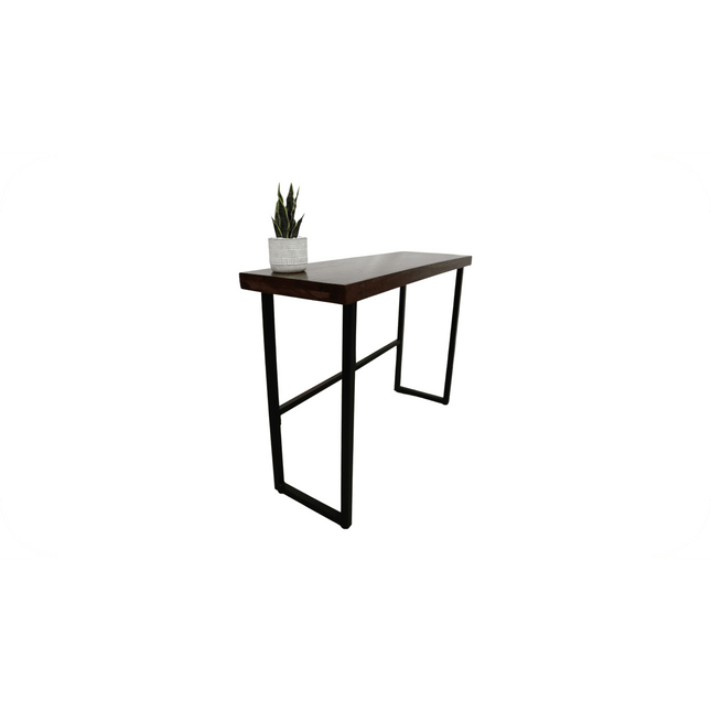 The Rosewood Console features sleek black metal legs and a charming small potted plant on its left side, accentuating its modern design against a plain white backdrop—an ideal piece for those seeking eco-friendly furniture.
