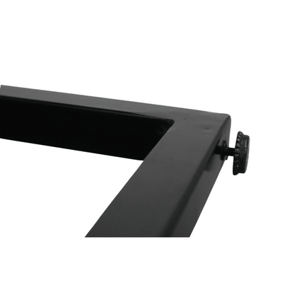 A close-up of the Rosewood Consoles black metal frame, featuring a screw at one corner. Its rectangular shape with rounded edges evokes a modern, eco-friendly design, beautifully set against a white backdrop.