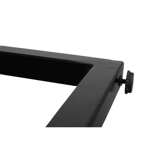 A close-up of the Rosewood Consoles black metal frame, featuring a screw at one corner. Its rectangular shape with rounded edges evokes a modern, eco-friendly design, beautifully set against a white backdrop.