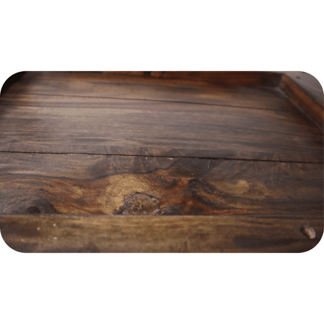 Close-up of the eco-friendly Rosewood Console surface with visible grains and knots, featuring a slightly glossy finish. The wood exhibits natural color variations from light to dark brown, creating an earthy texture ideal for dining room furniture.