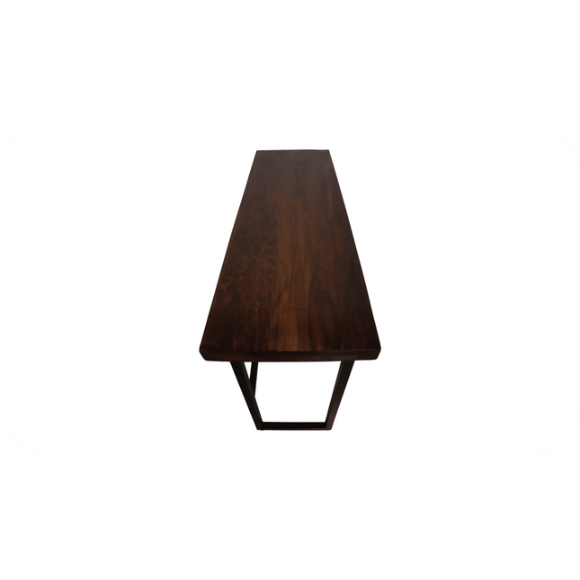 The Rosewood Console is a long, rectangular table with dark-finished wood and metal legs, exuding an eco-friendly vibe, viewed from above on a white background.