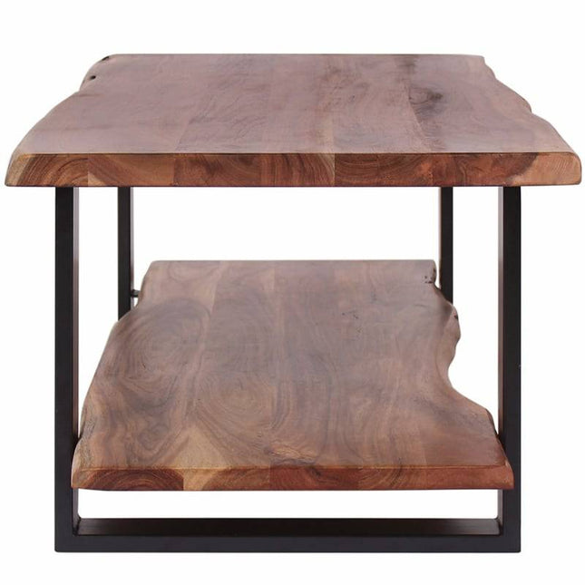 The Live Edge Coffee Table features two acacia wood layers with live edges and a natural wood grain, supported by a sleek black metal frame. Its rectangular profile and smooth finish, visible from the side, accentuate the elegance of this unique piece.