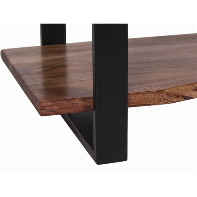 Close-up of the Live Edge Coffee Table featuring rustic charm, supported by a black metal frame. The wooden edges are slightly rounded for a natural look, while the rectangular metal frame provides a modern industrial aesthetic.