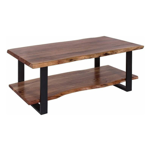 The Live Edge Coffee Table features two tiers with a natural acacia wood tabletop and shelf, showcasing stunning grain patterns. It has sleek black metal legs and smooth edges with a slight live edge for rustic elegance.