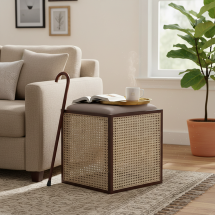 Upholstered cane cube stool styled beside a sofa in a cozy living room with a tray, book and mug on top