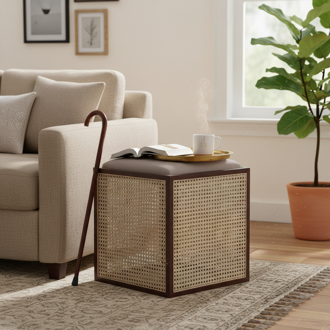 Upholstered cane cube stool styled beside a sofa in a cozy living room with a tray, book and mug on top