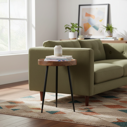 Mango Bowl Side Table styled beside a sofa in a cozy living room