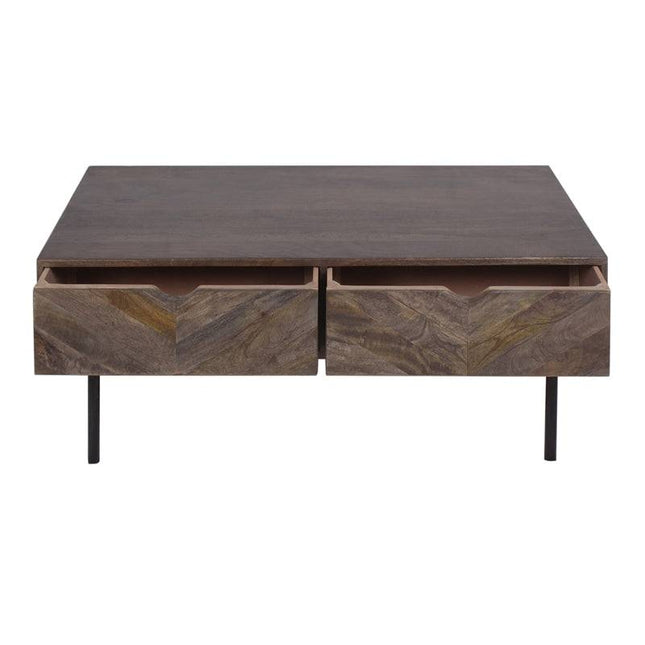 The Mango 4 Drawer Media Unit, crafted from rich mango wood with two chevron-patterned drawers, features a dark finish and four slender black metal legs, blending elegance with practical storage.