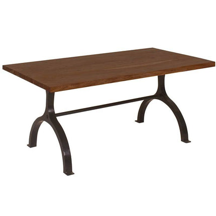 The Acacia Foundry Coffee Table boasts a vintage-inspired charm with its smooth, dark brown wooden surface. Supported by a sturdy black metal frame, it features two curved legs at each end, blending solid wood appeal with contemporary industrial style.