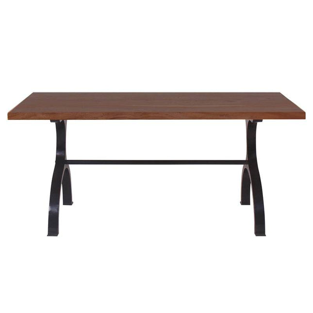 The Acacia Foundry Coffee Table features a solid wood rectangular top with a black metal trestle base and curved legs, merging simple modern design with vintage charm to enhance any space.