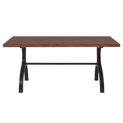 The Acacia Foundry Coffee Table features a solid wood rectangular top with a black metal trestle base and curved legs, merging simple modern design with vintage charm to enhance any space.