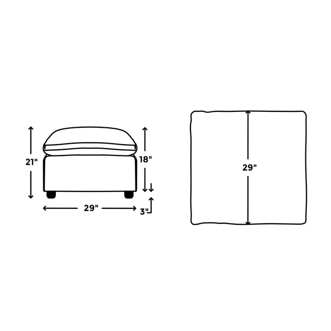 Diagram of the customizable My Cloud 30 Ottoman with dimensions: total height 21 inches (cushion height 18 inches), length and width at 29 inches each, featuring short legs of 3 inches in height.