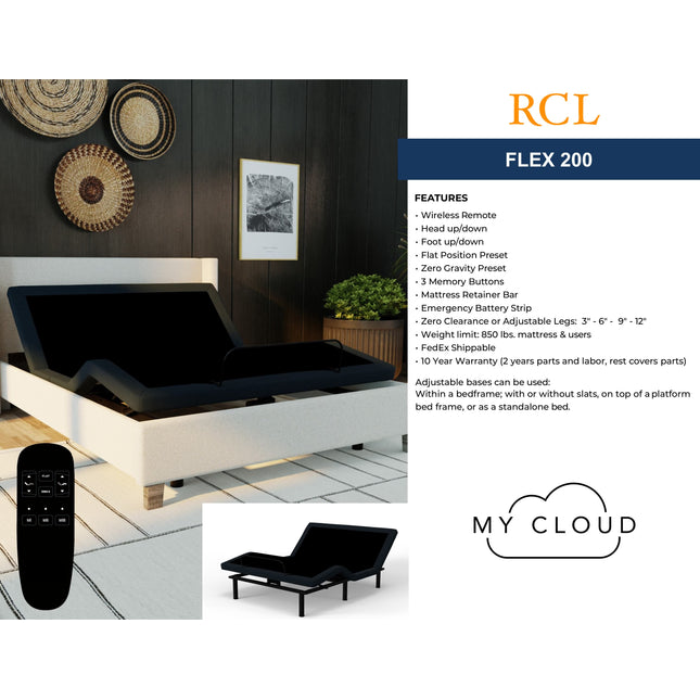 Modern bedroom featuring the My Cloud Adjustable Power Bed Frame in a flat position, highlighted by a wireless remote and zero gravity preset. A sleek remote is visible in the foreground.
