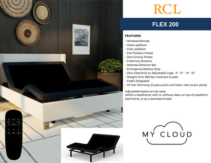 Modern bedroom featuring the My Cloud Adjustable Power Bed Frame in a flat position, highlighted by a wireless remote and zero gravity preset. A sleek remote is visible in the foreground.