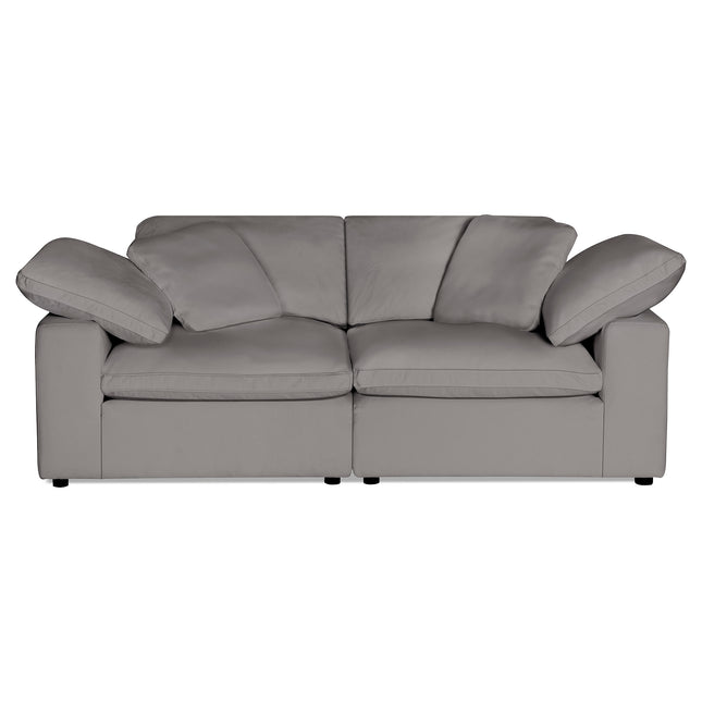 The Peyton 2 Piece Straight in gray combines contemporary style and comfort with two large seat cushions, slightly reclined back cushions, broad low armrests for adaptability, and small black feet for a touch of modern luxury.