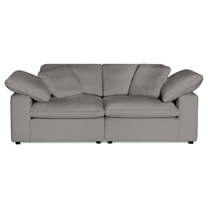 The Peyton 2 Piece Straight in gray combines contemporary style and comfort with two large seat cushions, slightly reclined back cushions, broad low armrests for adaptability, and small black feet for a touch of modern luxury.