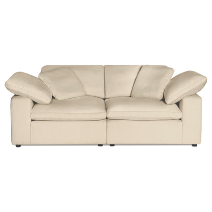 The Peyton 2 Piece Straight, a beige leather sofa, provides a haven of comfort with two large seat and back cushions. It features gracefully angled armrests and small round black legs, all set against a pristine white background.