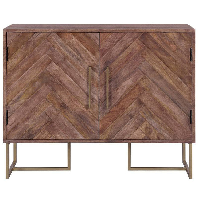 The Acacia Wooden 2 Door Cabinet combines a herringbone pattern with sleek metal handles, all set on a minimalist iron frame. Crafted from luxurious mango wood, it boasts a natural warm brown finish for added modern appeal.