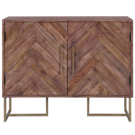 The Acacia Wooden 2 Door Cabinet combines a herringbone pattern with sleek metal handles, all set on a minimalist iron frame. Crafted from luxurious mango wood, it boasts a natural warm brown finish for added modern appeal.