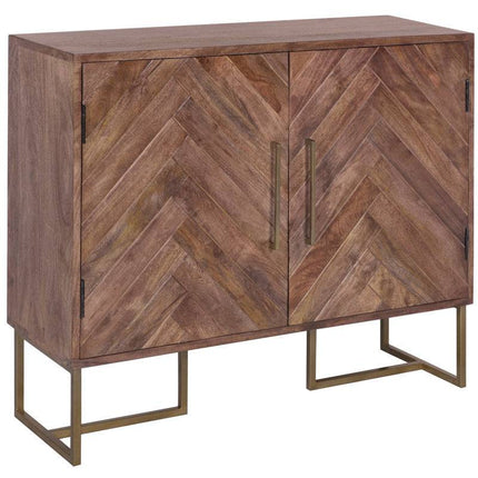 The Acacia Wooden 2 Door Cabinet With Iron Leg is crafted from mango wood and features a herringbone pattern on its doors with two vertical metal handles. It stands on a metallic frame with open rectangular legs, offering a modern and minimalist appearance.