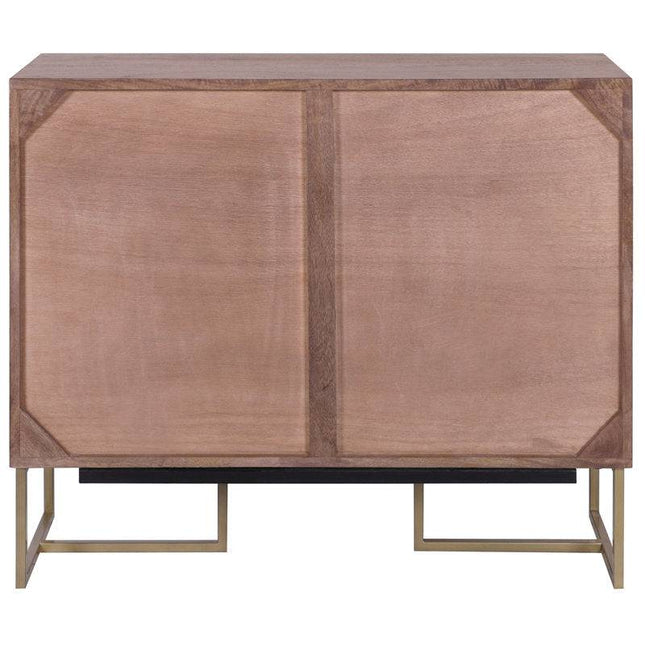 The Acacia Wooden 2 Door Cabinet With Iron Leg is a minimalist sideboard made from mango wood, featuring two panel doors, a light brown finish, and resting on a rectangular metal base for a sleek, modern look.