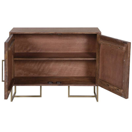 The Acacia Wooden 2 Door Cabinet With Iron Leg features metal legs and a minimalist design. Behind its two open doors lies an interior shelf, while the natural finish enhances the woods texture for a chic room addition.