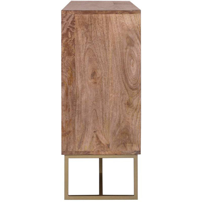 The Acacia Wooden 2 Door Cabinet features a minimalist, rectangular design with a herringbone pattern. Made from mango wood, its warm light brown hue is complemented by two metal legs forming a geometric base.