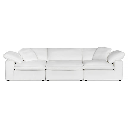 Experience luxury with the Peyton 3 Piece Straight, a white modern sofa offering comfort and style. It features three cushioned seats, plush armrests, and sleek black legs, adaptable to any space against its pristine white backdrop.