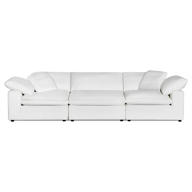 Experience luxury with the Peyton 3 Piece Straight, a white modern sofa offering comfort and style. It features three cushioned seats, plush armrests, and sleek black legs, adaptable to any space against its pristine white backdrop.