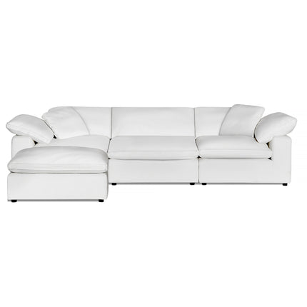 The Peyton 3 Piece Straight + Ottoman is a modern white sectional sofa with wide cushions, featuring a left chaise lounge and plush armrests for luxurious comfort, making it perfect for contemporary living spaces.