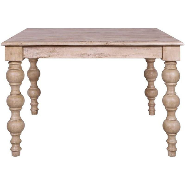 The French Country Square 48 Dining Table is crafted from solid mango wood with a rustic finish, featuring decorative turned legs, a square top, and a light distressed look for a French-country charm.