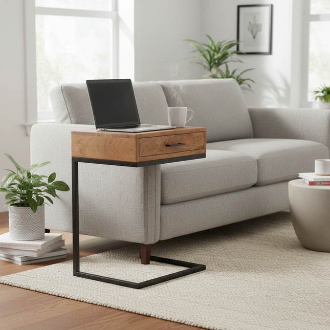 Acacia C-Table with Drawer sliding beside a sofa in a cozy living room