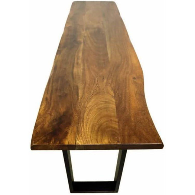 The Live Edge Console features a long, rectangular tabletop made from eco-friendly live edge acacia wood, displaying diverse brown shades and unique grain patterns, supported by black U-shaped metal legs.